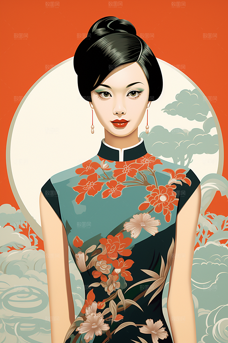 旗袍美女高清新中式插画