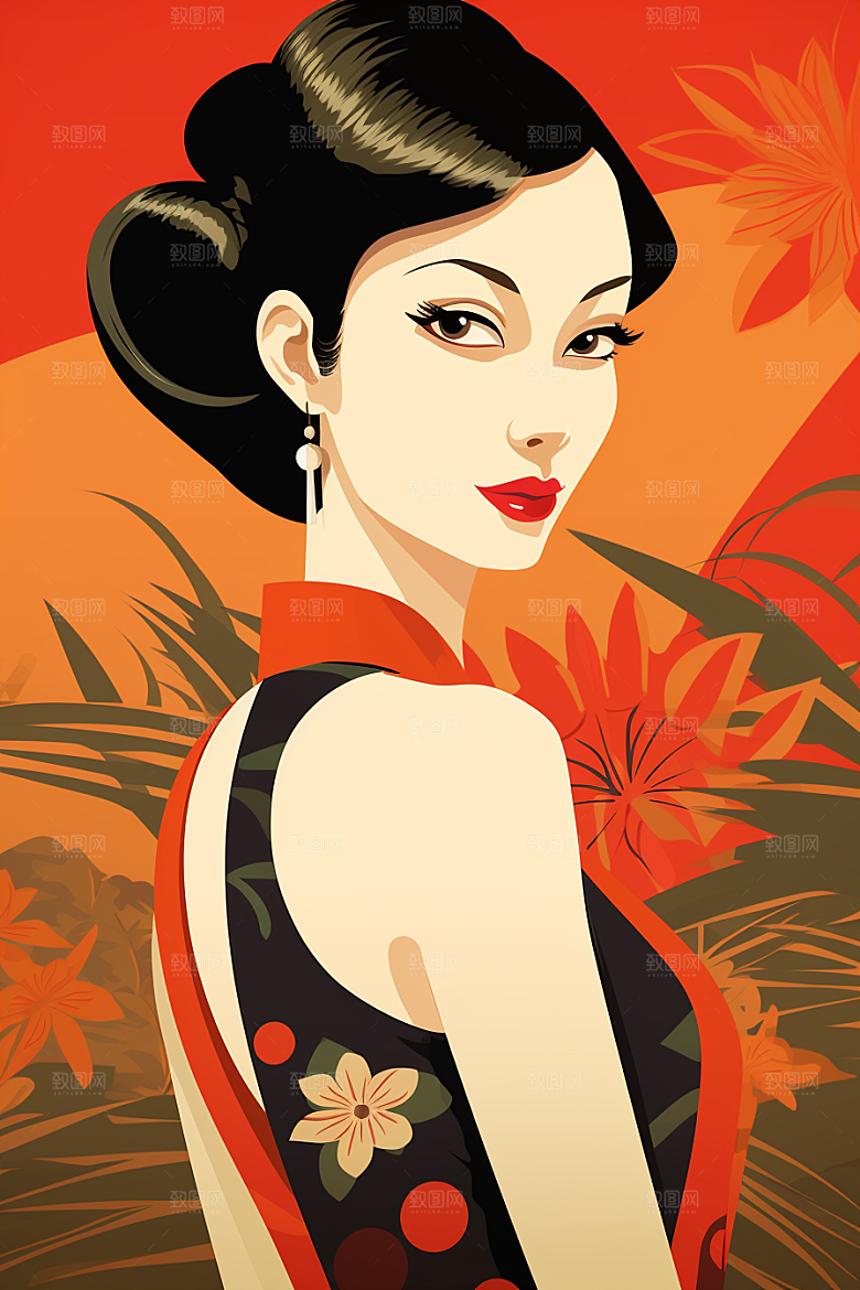 旗袍美女复古精致插画