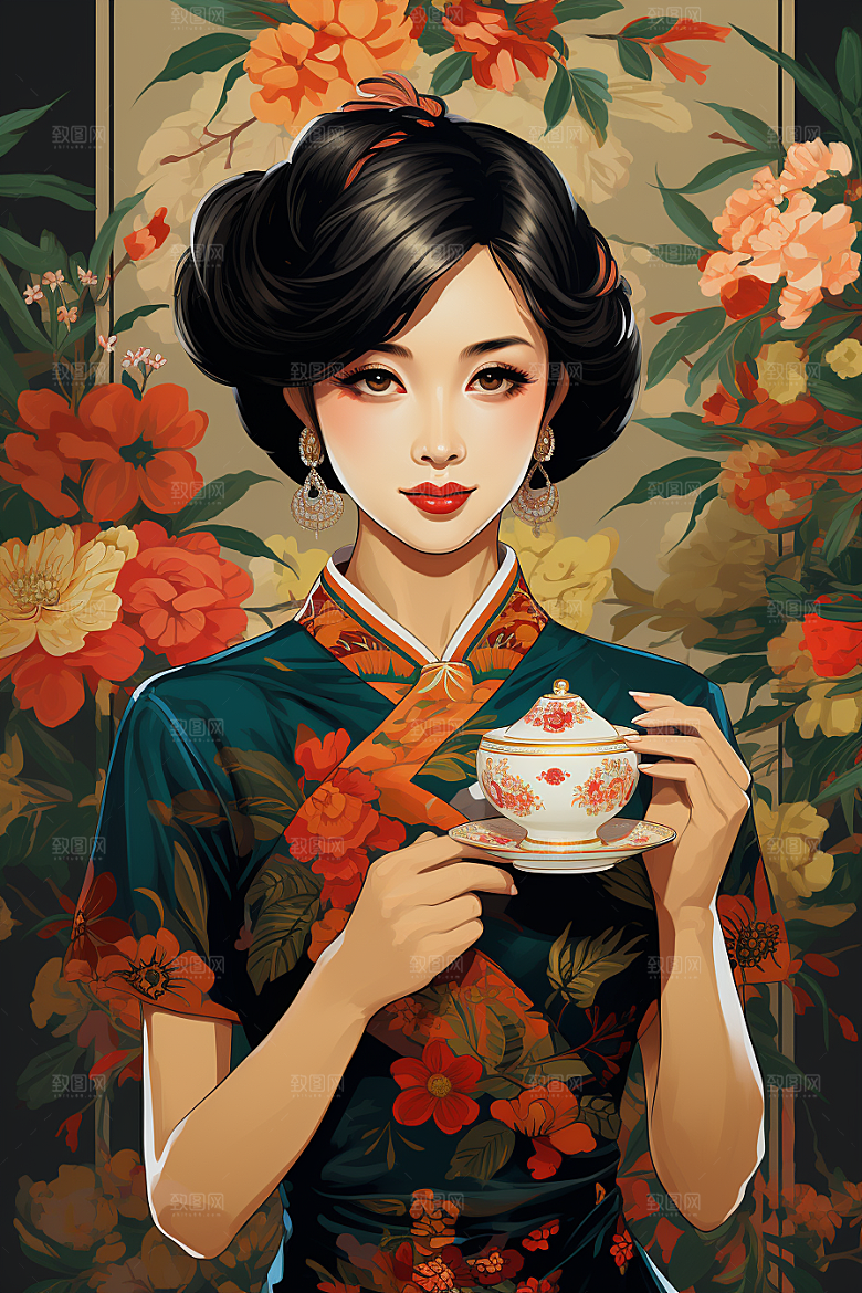 旗袍美女复古唯美插画