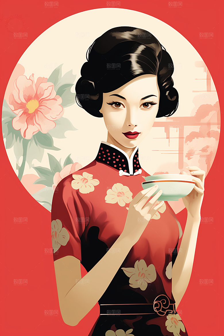 旗袍美女民国风精致插画
