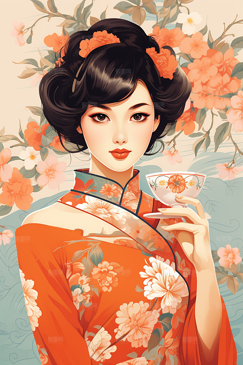 旗袍美女优雅中国风插画