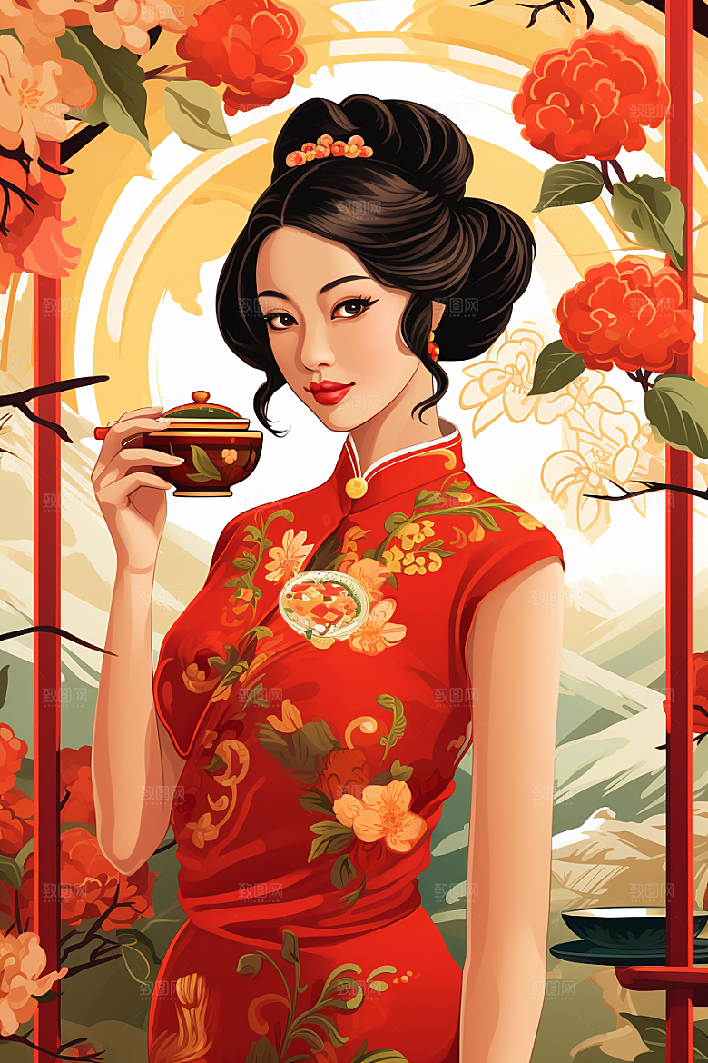 旗袍美女民国风优雅插画