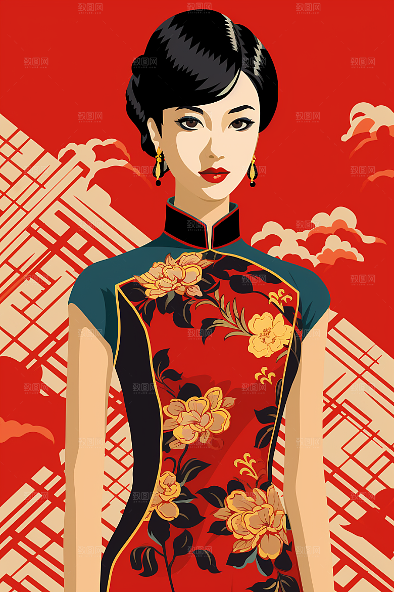 旗袍美女中国风唯美插画
