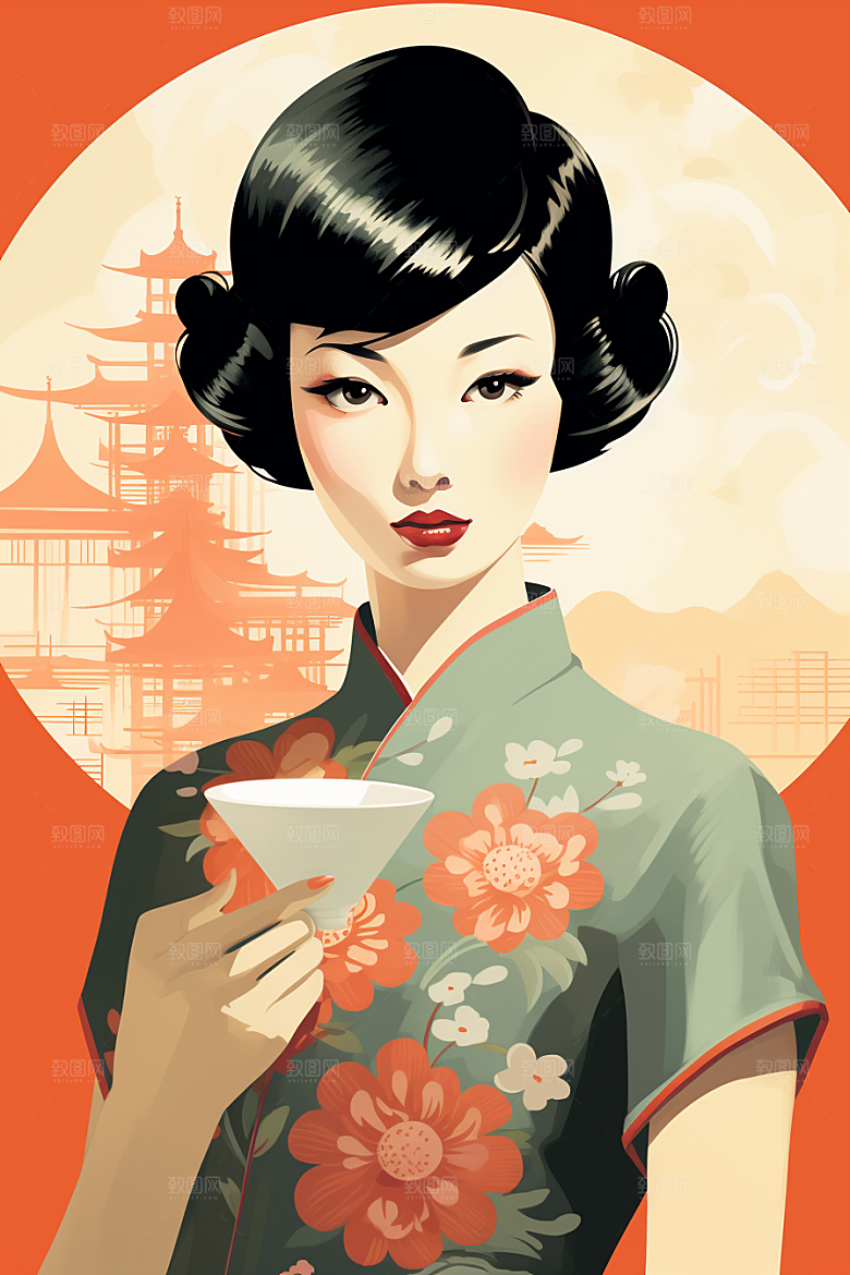 旗袍美女新中式手绘插画