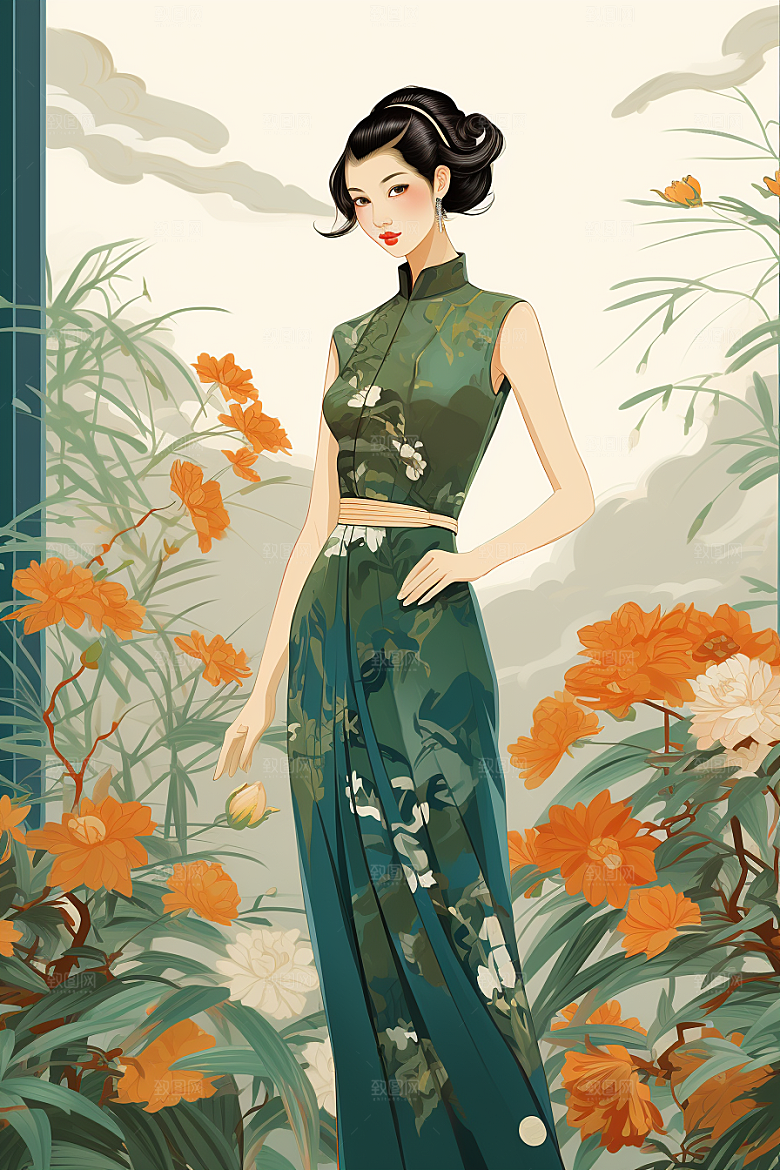 旗袍美女复古手绘插画