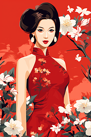旗袍美女新中式中国风插画