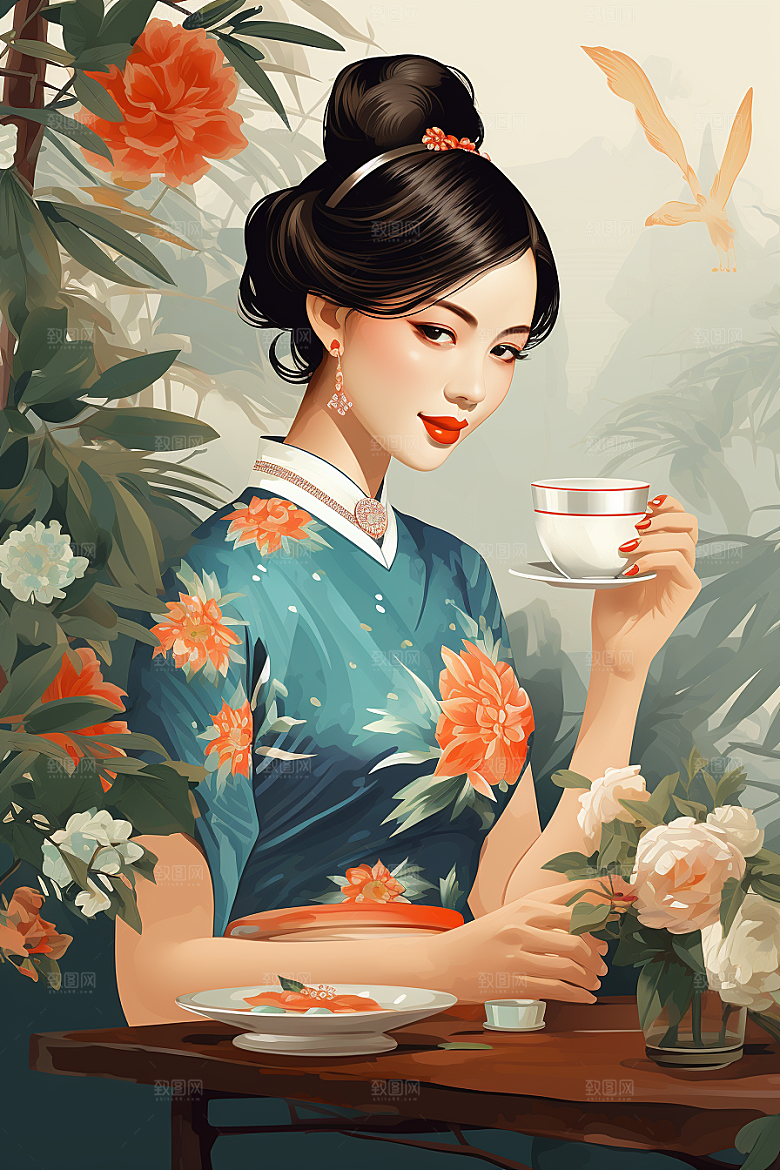 旗袍美女民国风复古插画