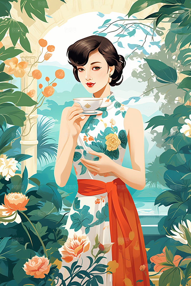 旗袍美女优雅新中式插画