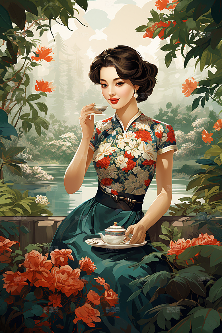 旗袍美女民国风优雅插画