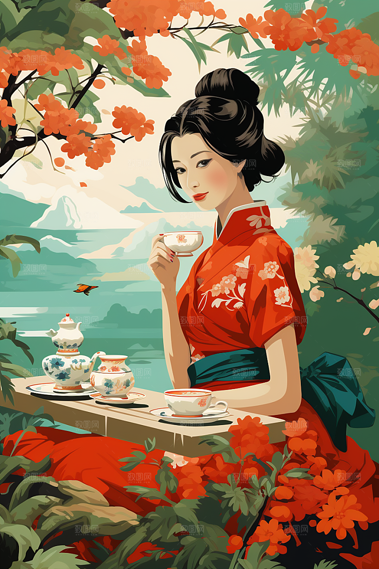旗袍美女手绘复古插画