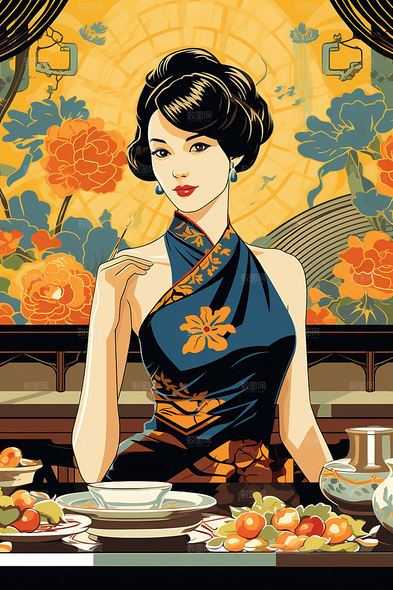 旗袍美女民国风高清插画