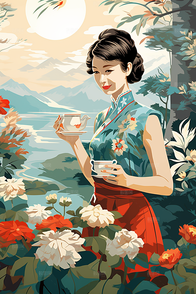 旗袍美女复古唯美插画