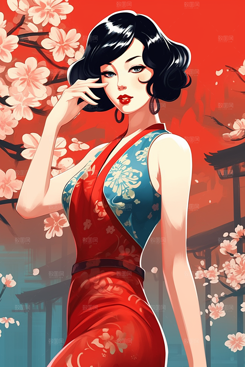 旗袍美女手绘民国风插画