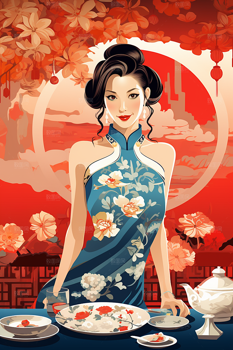 旗袍美女高清民国风插画