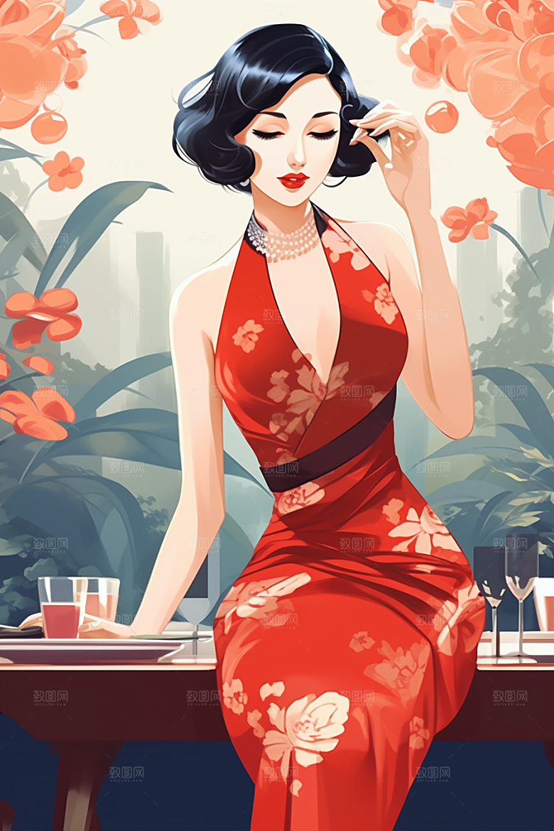 旗袍美女新中式优雅插画