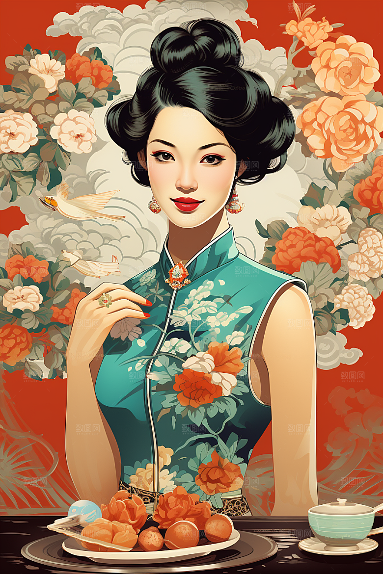 旗袍美女中国风新中式插画