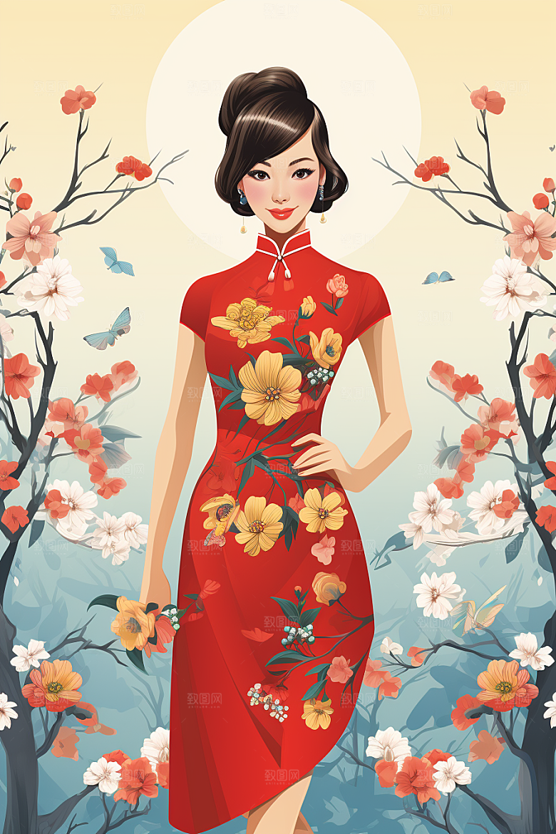 旗袍美女民国风精致插画