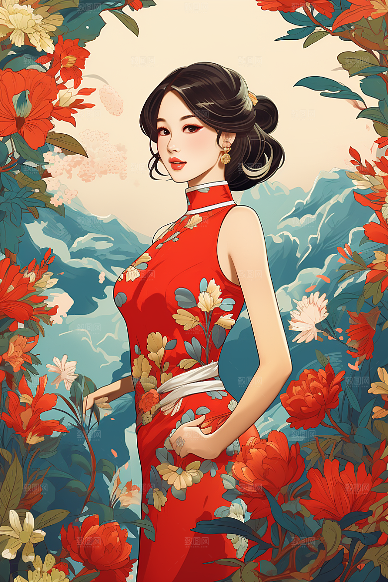 旗袍美女精致民国风插画