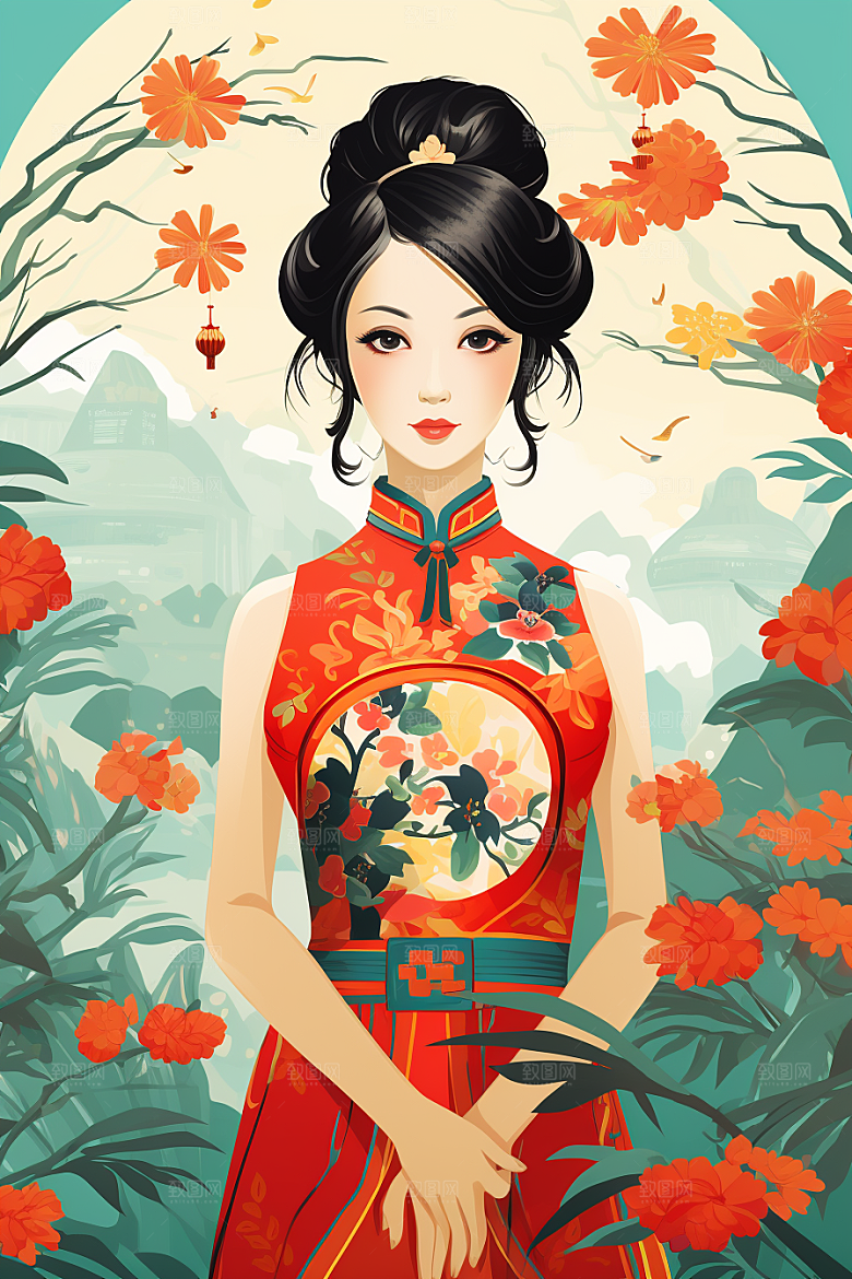 旗袍美女唯美新中式插画