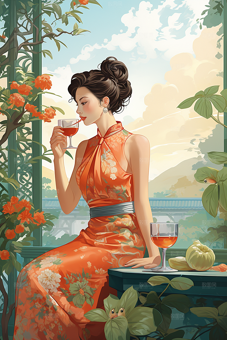 旗袍美女复古新中式插画