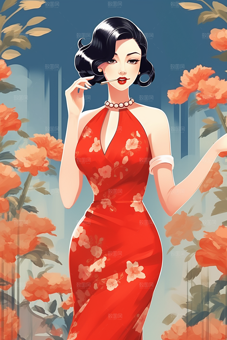 旗袍美女新中式精致插画