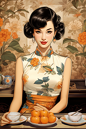 旗袍美女新中式手绘插画