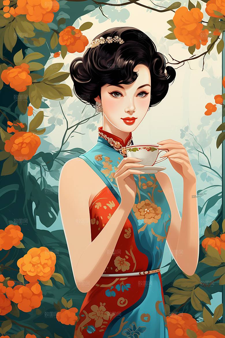 旗袍美女优雅精致插画