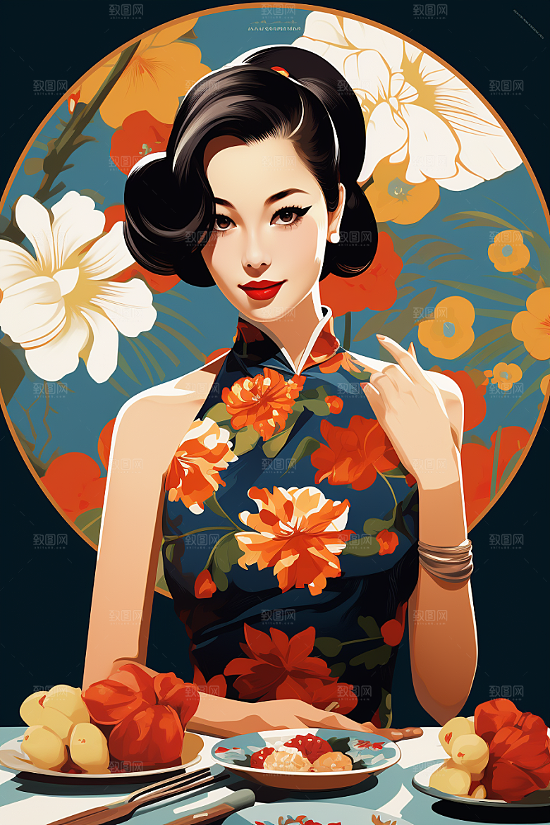 旗袍美女优雅民国风插画