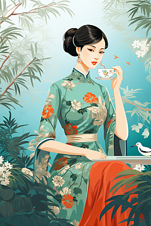 旗袍美女手绘中国风插画
