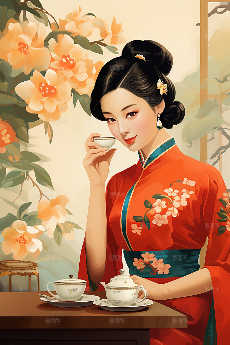 旗袍美女新中式高清插画