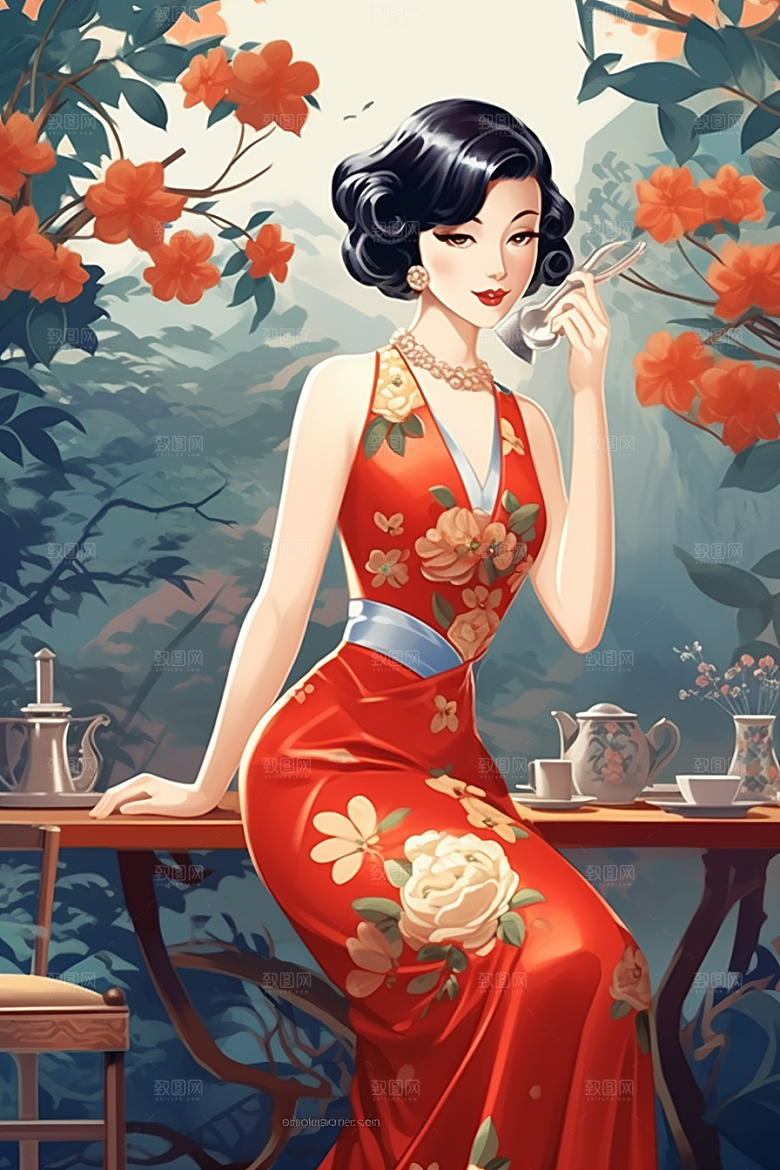 旗袍美女手绘中国风插画