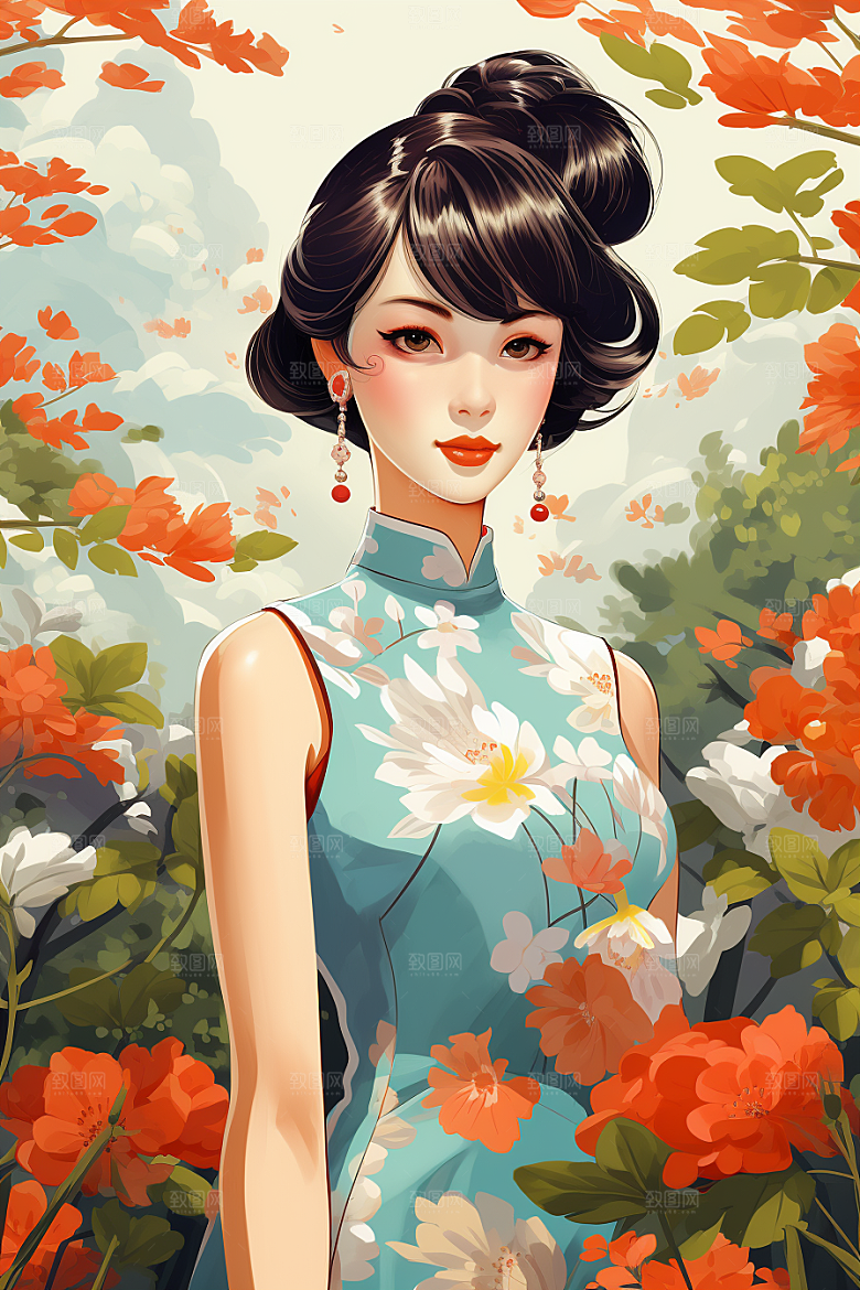 旗袍美女新中式中国风插画