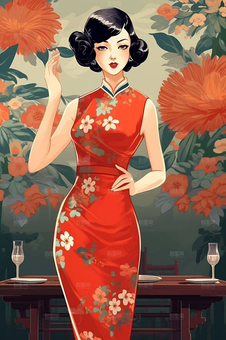 旗袍美女复古新中式插画