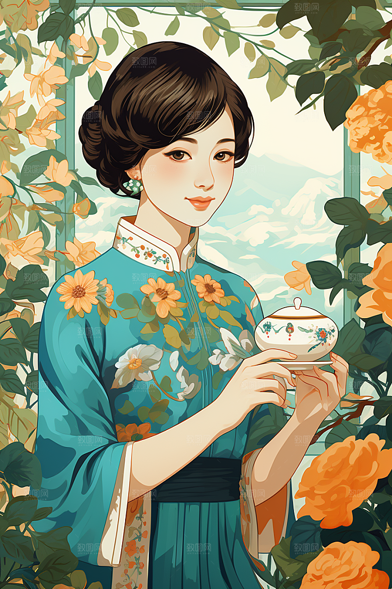 旗袍美女唯美中国风插画