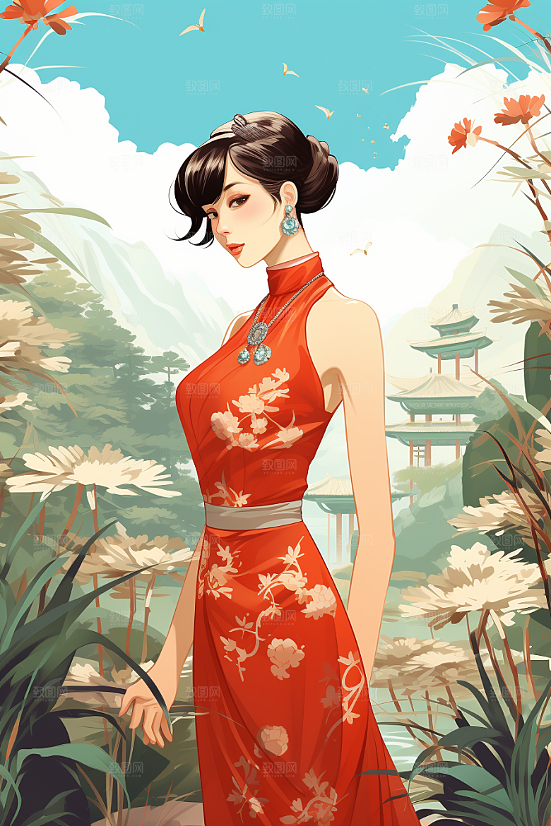 旗袍美女唯美高清插画