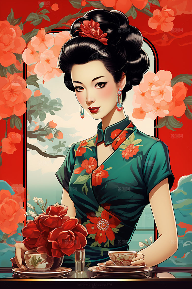 旗袍美女中国风优雅插画