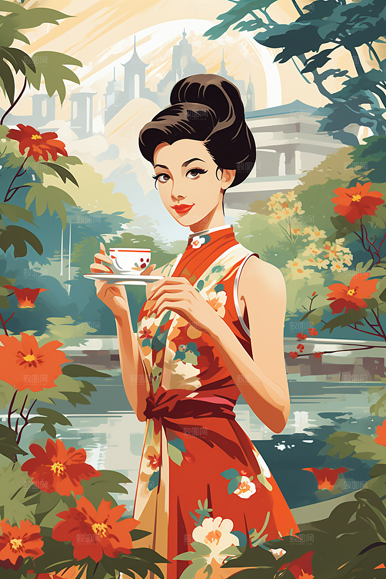 旗袍美女复古唯美插画