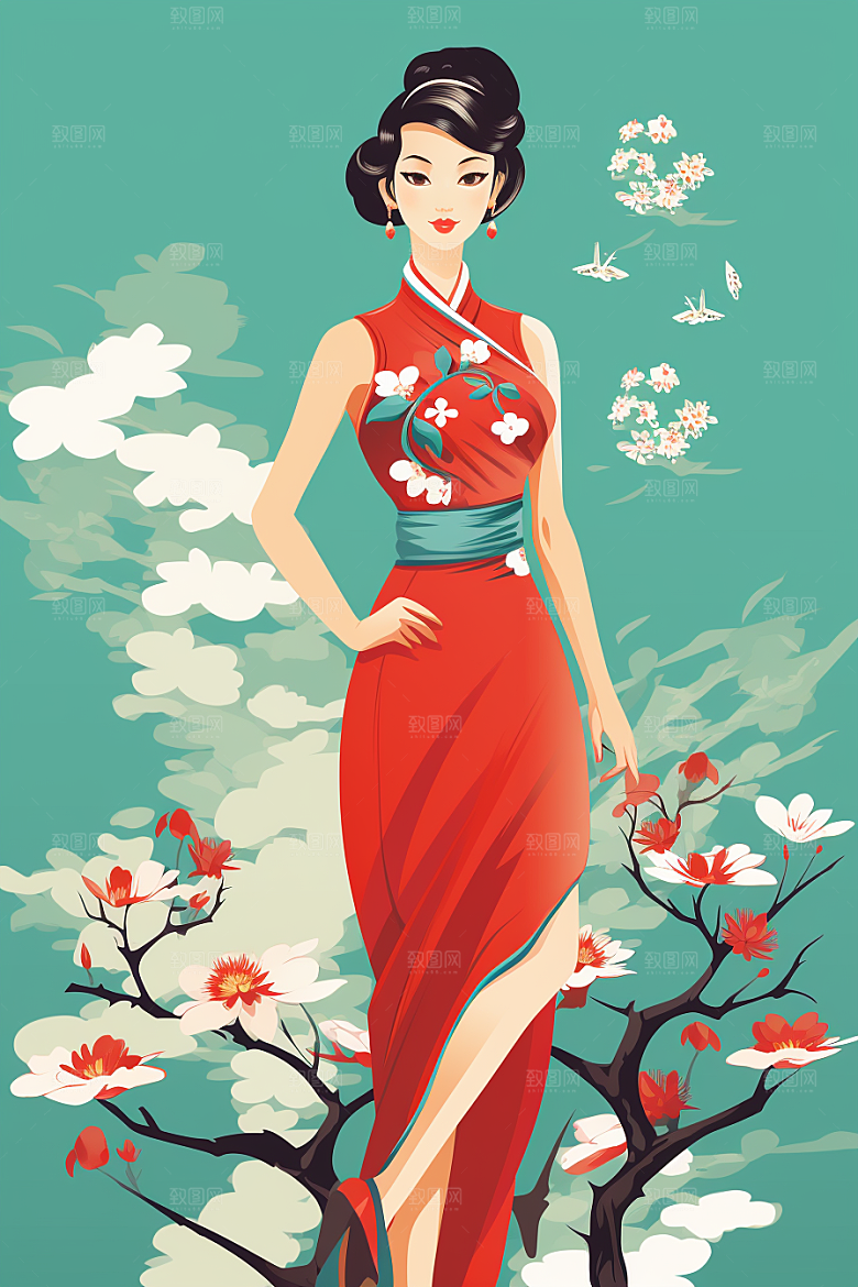 旗袍美女精致中国风插画
