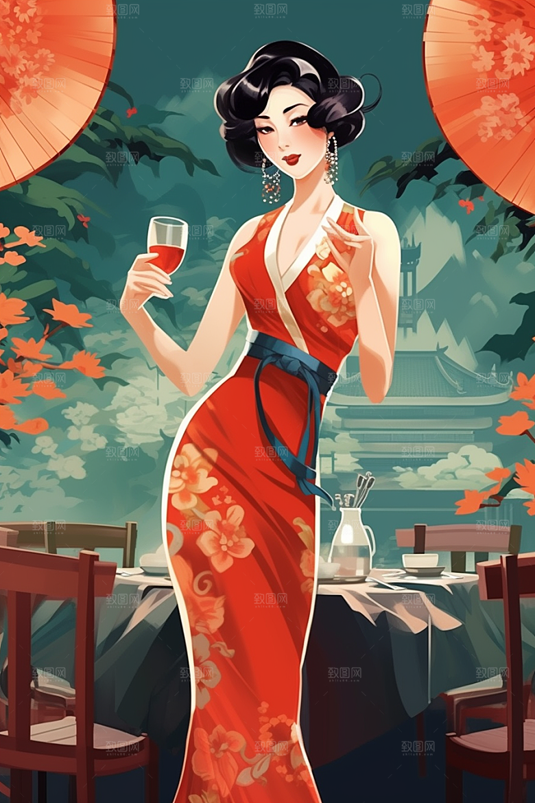 旗袍美女精致高清插画