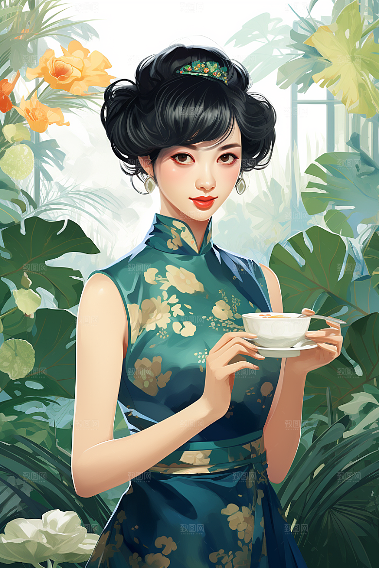 旗袍美女手绘复古插画