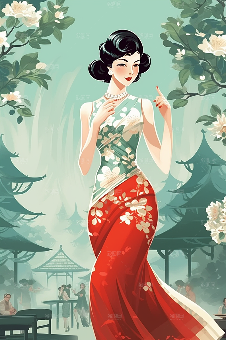 旗袍美女优雅精致插画