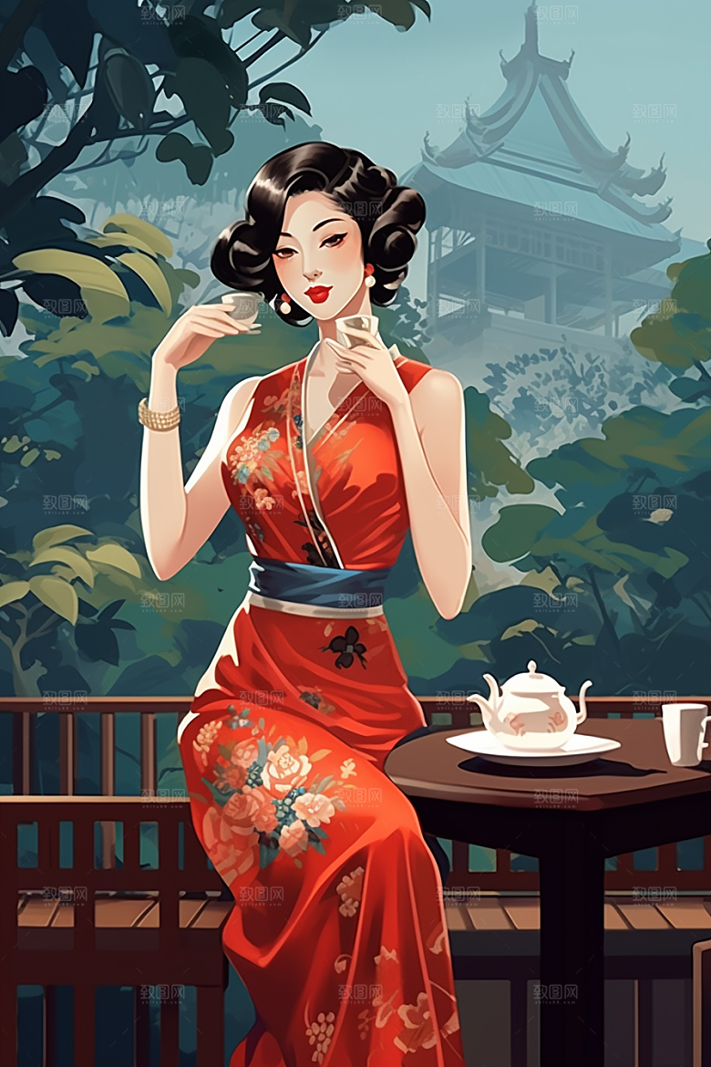 旗袍美女民国风优雅插画