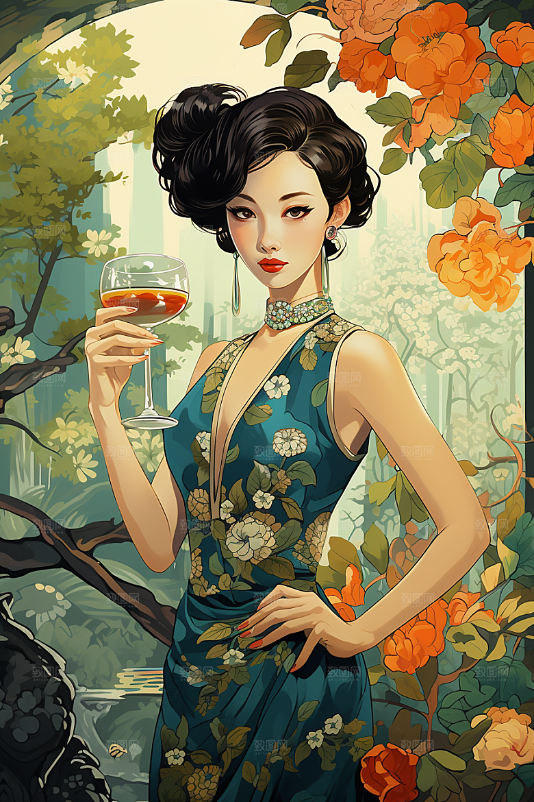 旗袍美女复古手绘插画