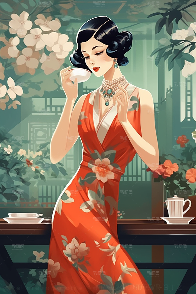 旗袍美女手绘精致插画
