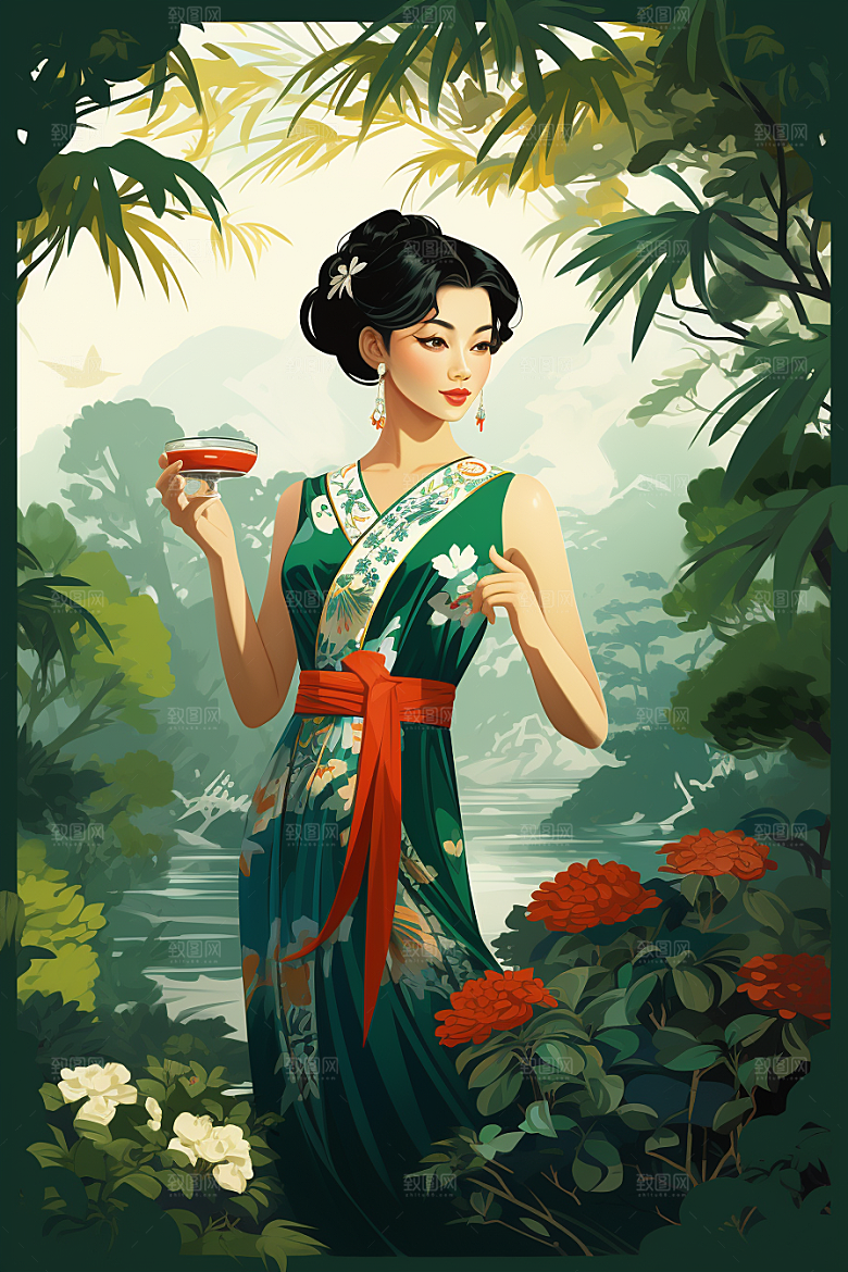 旗袍美女新中式高清插画