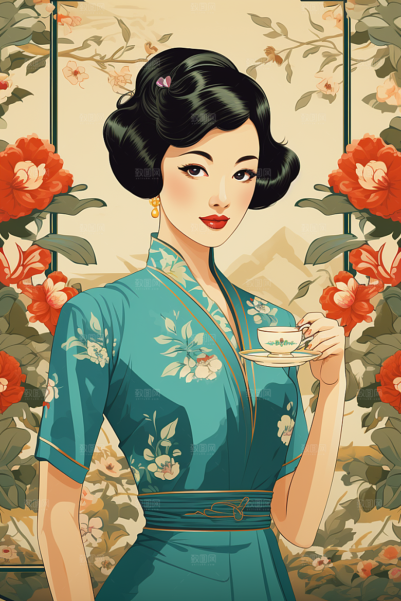 旗袍美女优雅新中式插画