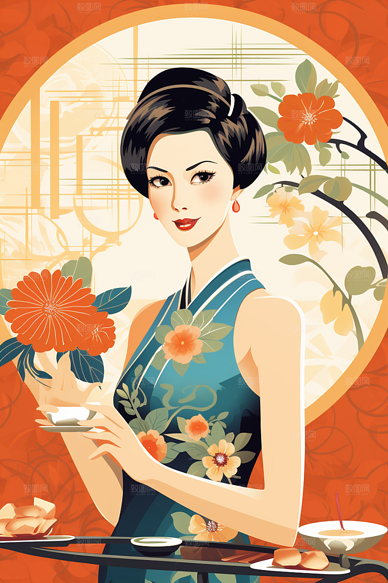 旗袍美女复古优雅插画