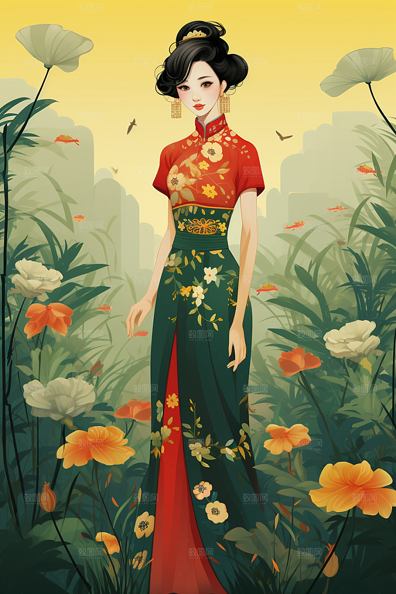 旗袍美女优雅复古插画