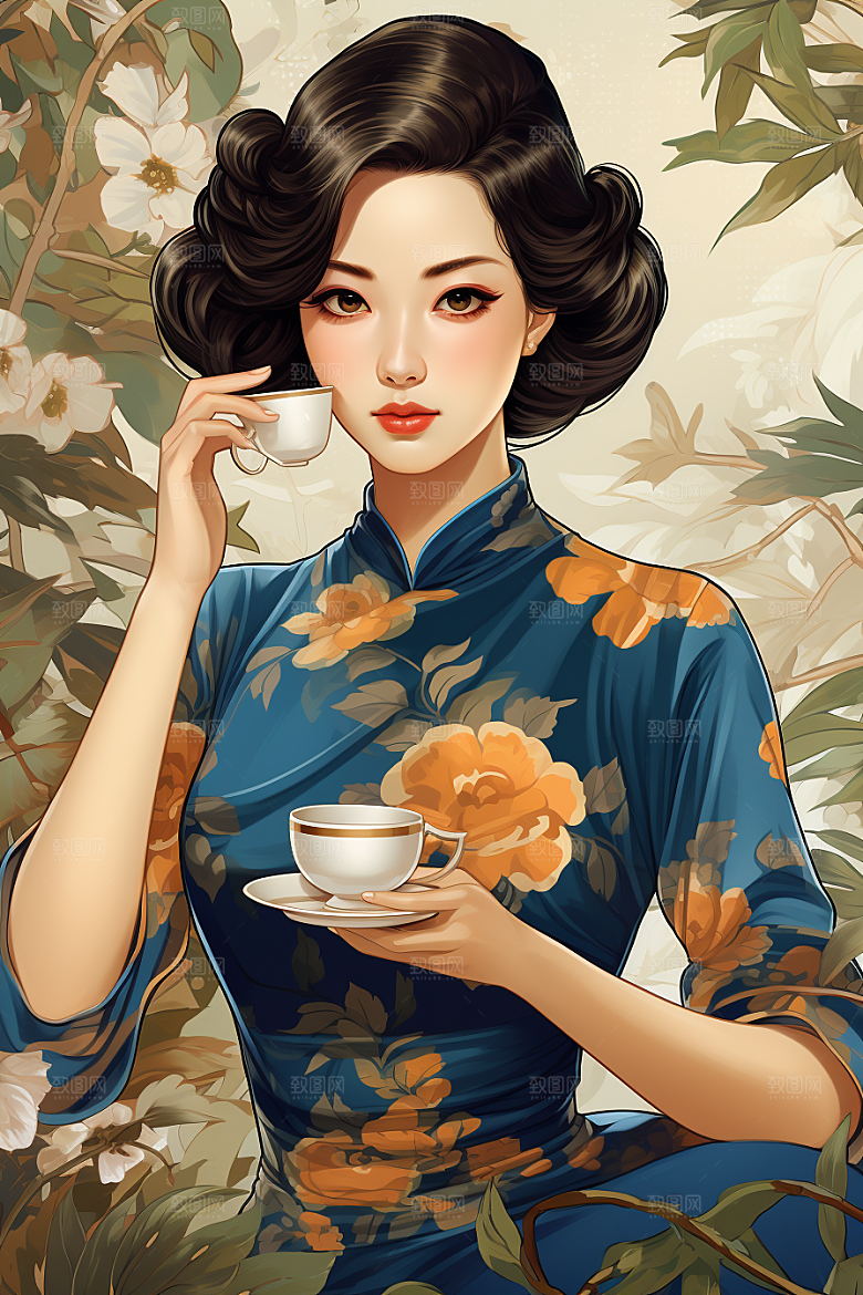 旗袍美女中国风复古插画