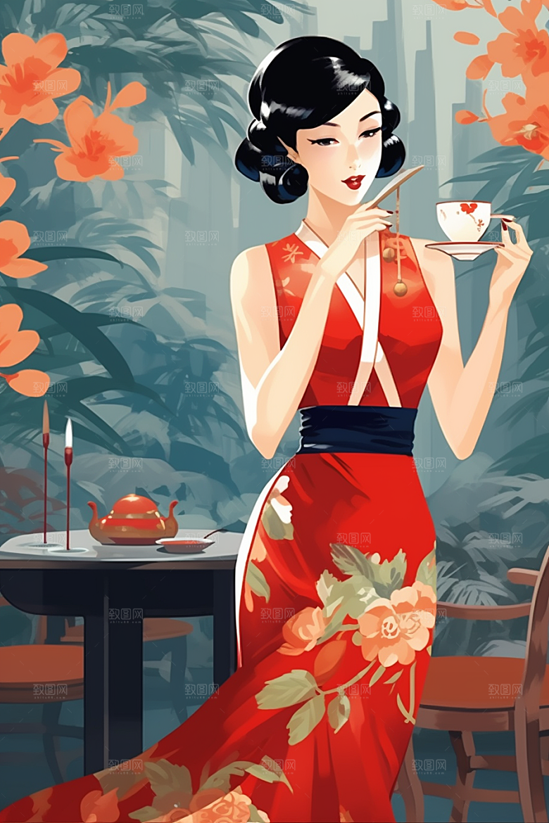 旗袍美女唯美手绘插画